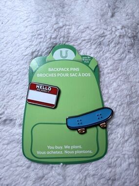 Blue Skateboard Enamel Pin + Red Hello Name Tag Pin